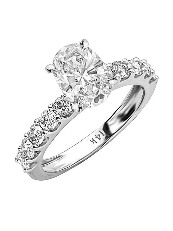 2 Ctw 14K White Gold Classic Side Stone Prong Set Oval Cut GIA Certified Diamond Engagement Ring (1 Ct K Color SI1 Clarity Center Stone)