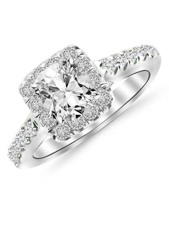 2 Ctw 14K White Gold Square Halo Cushion GIA Certified Diamond Engagement Ring Cushion Cut (1.5 Ct J Color SI2 Clarity Center Stone)