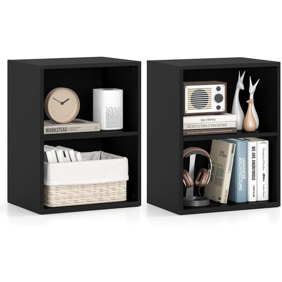 2 Cube Bookcase, 2-Tier Book Shelf with 5 Position Adjustable Shelf, Wooden Bookshelf, Modern, Small Freestanding Cubby Storage Organizer for Living Room, Home Office, Study (2,Black)