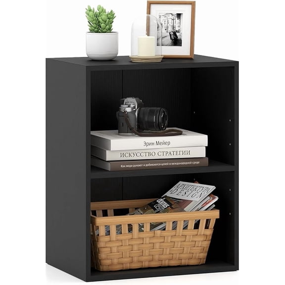 2-Cube Bookcase, Floor Standing Open Bookshelf, 5-Position Adjustable Shelf, Modern Display Shelf, Anti-Toppling Kits, Cubby Storage Organizer for Living Room Study Office (1, Black)