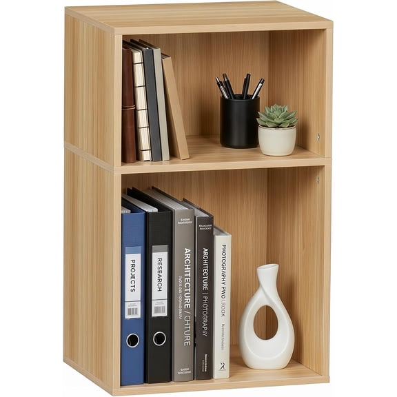 2 Cube Bookshelf, Natural Record Player Stand with Vinyl Storage Up to 100 Albums, Horizontal Book Shelf, Small Cubby Bookcase with Storage Organizer, Turntable Stand for Living Room, Bedroom