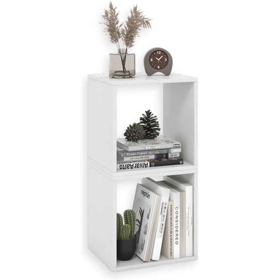 2 Cube Storage Organizer, Small Stackable Cubby Shelving with Anti-Tipping Device, Open Book Shelf for Records, 2-Tier Wood Cube Storage for Living Room, Bedroom (1, White)