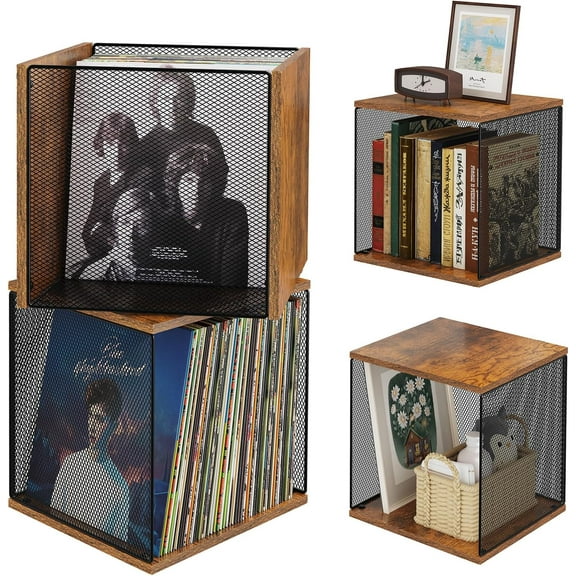 2 Cubes of Record Holder Shelf Storage Furniture - DIY Stackable 80-110 Vinyl Album Visualize Box Cube Natural Wooden Organizer Crate Cabinet