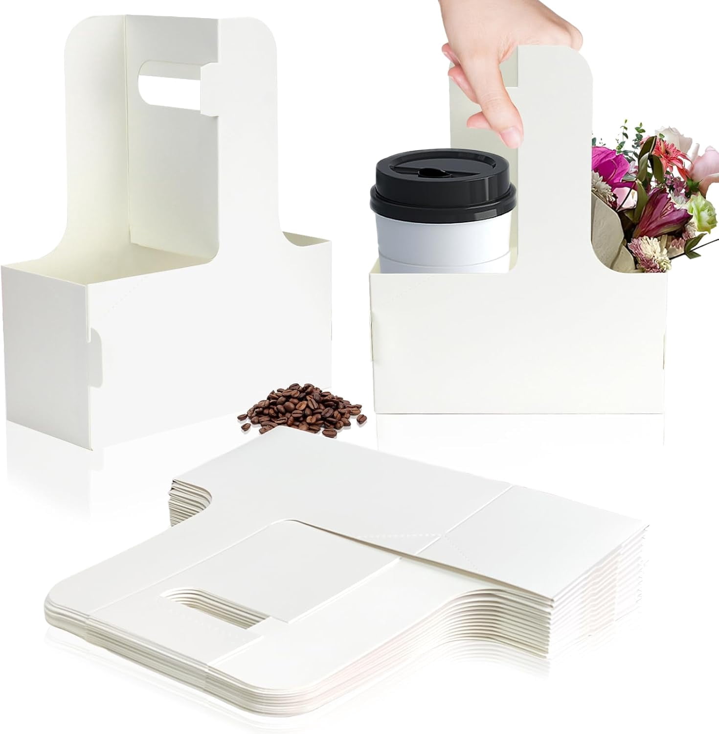 50 Pack White Drink Carriers With Handles - Holds 2 Cups, Kraft Paperboard