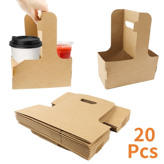 Disposable Cup Drink Carrier with Handle Kraft Paperboard Cup Holder for Hot Cold Drinks Coffee Cup Holder for Delivery Service 20 Pcs