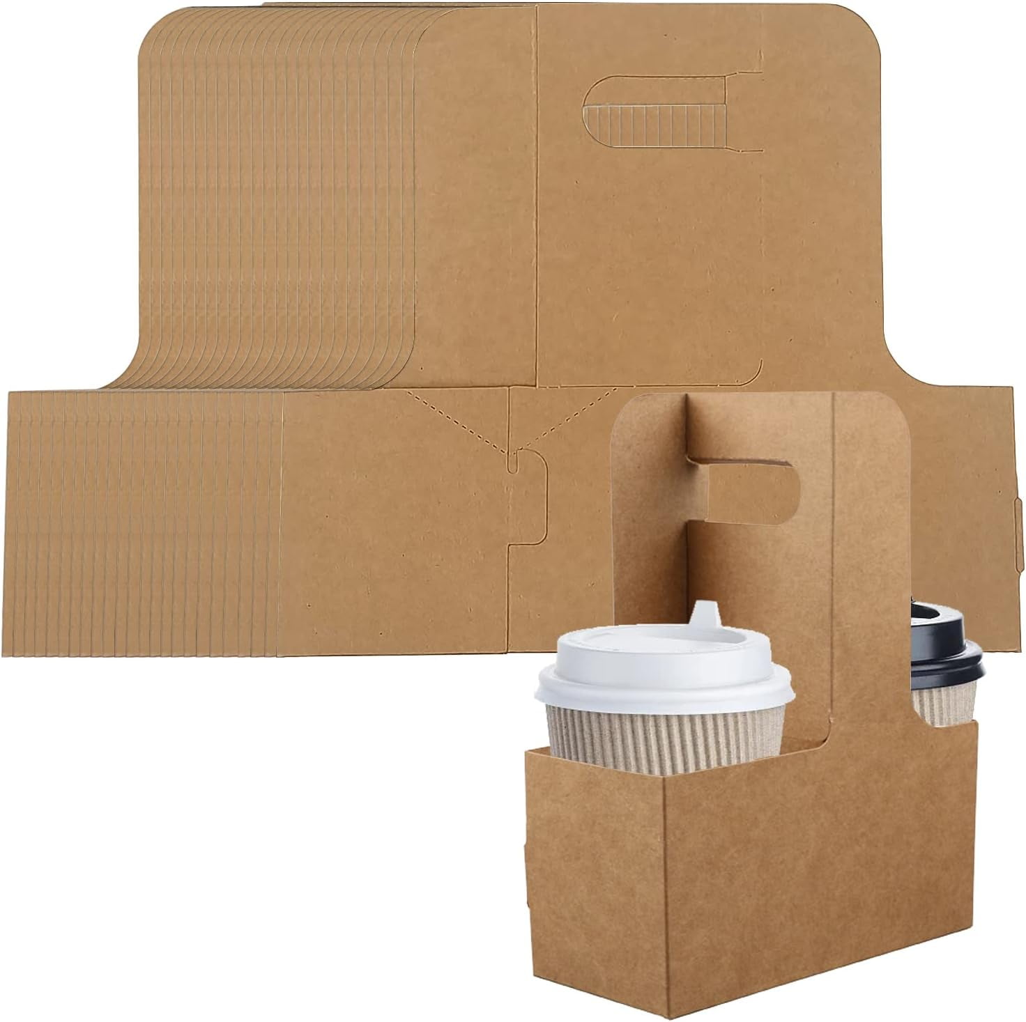 2 Cup Drink Carrier With Handle, 20 Pack Kraft Paperboard Handled Drink ...