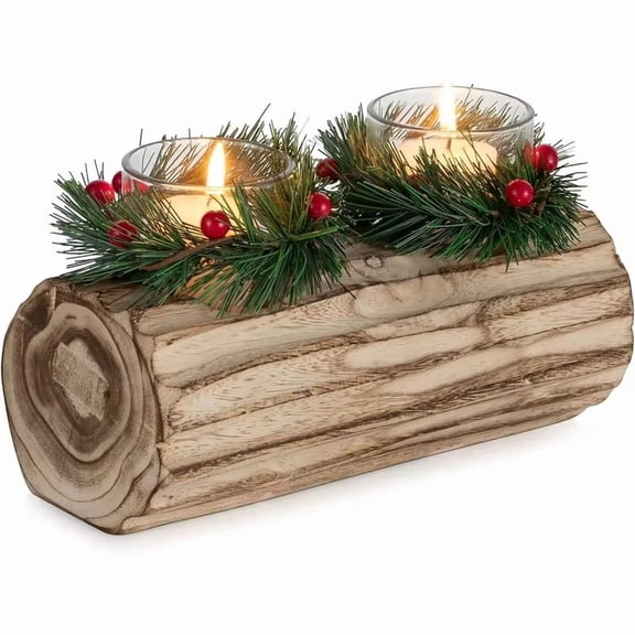 2-Cup Log Stump Candlestick Set with Needle-Leaf Red Berry Wreath - Rustic Holiday Centerpiece Decoration