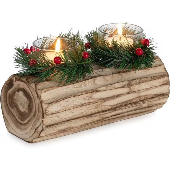2-Cup Log Stump Candlestick Set with Needle-Leaf Red Berry Wreath - Rustic Holiday Centerpiece Decoration