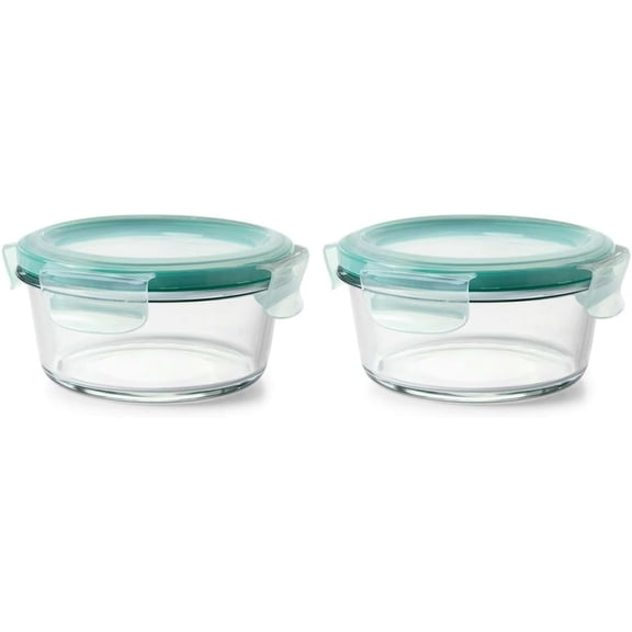 2 Cup Smart Seal Glass Round Food Storage Containers, Set of 2, Airtight and Leakproof Meal Prep Bowls