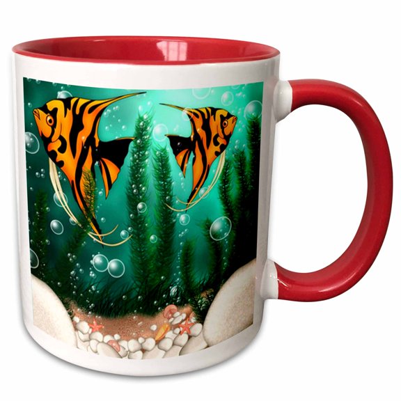 3drose, 2 Cute Fish with Bubbles in Aquarium, 11oz Two-tone Red Mug