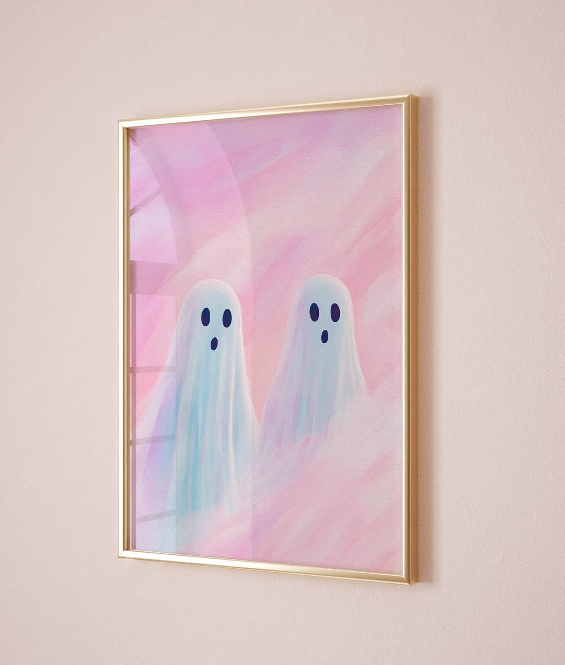 2 Cute Ghost Pastel Colors Background, Ghost Painting, Pinkoween Decor