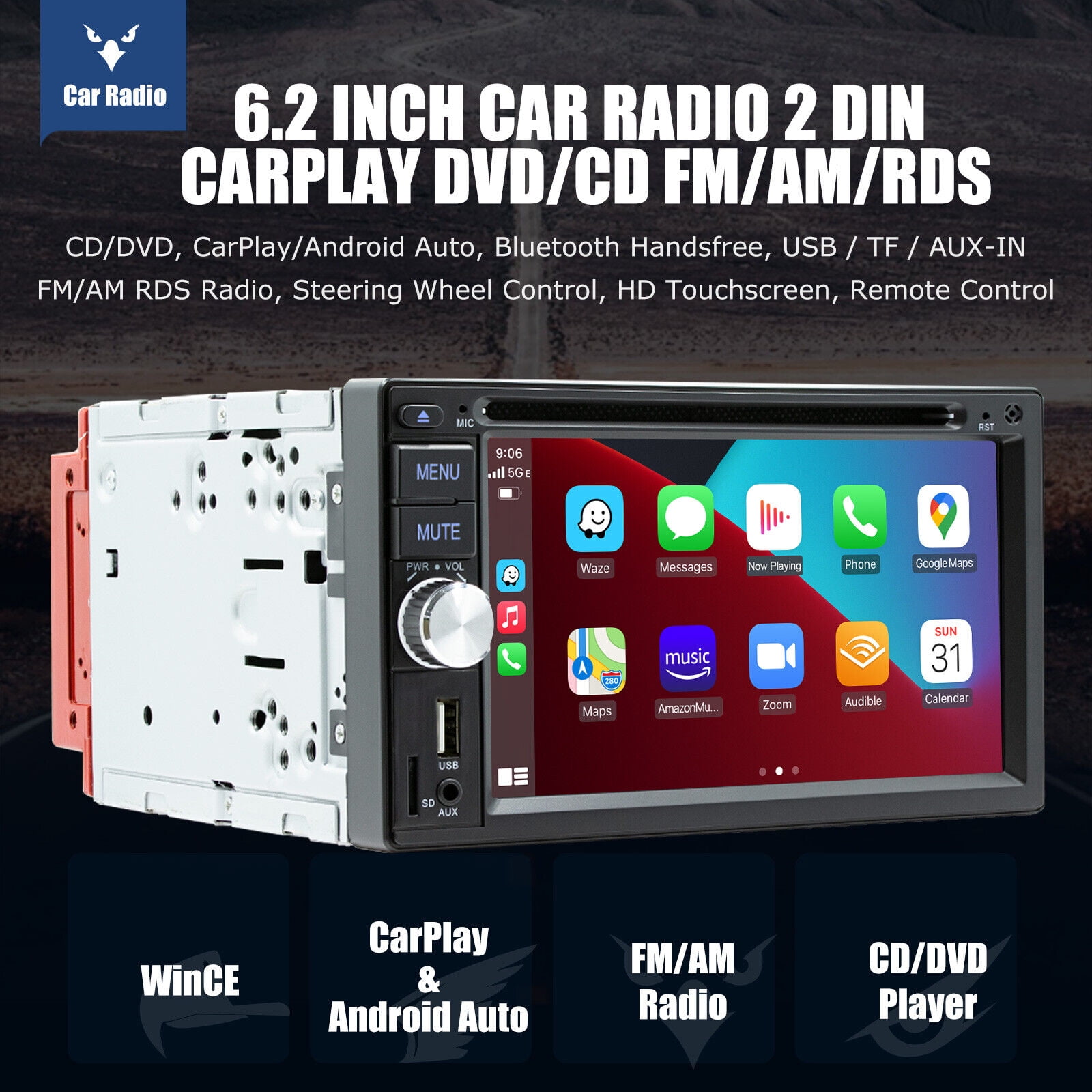 2 DIN 6.2" Apple CarPlay Car Stereo Radio Head Unit Touch Screen CD DVD