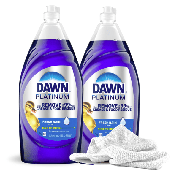 2 Dawn Platinum Fresh Rain Dishwashing Liquid, 32.7 oz + Daley Mint Cleaning Towel Bundle