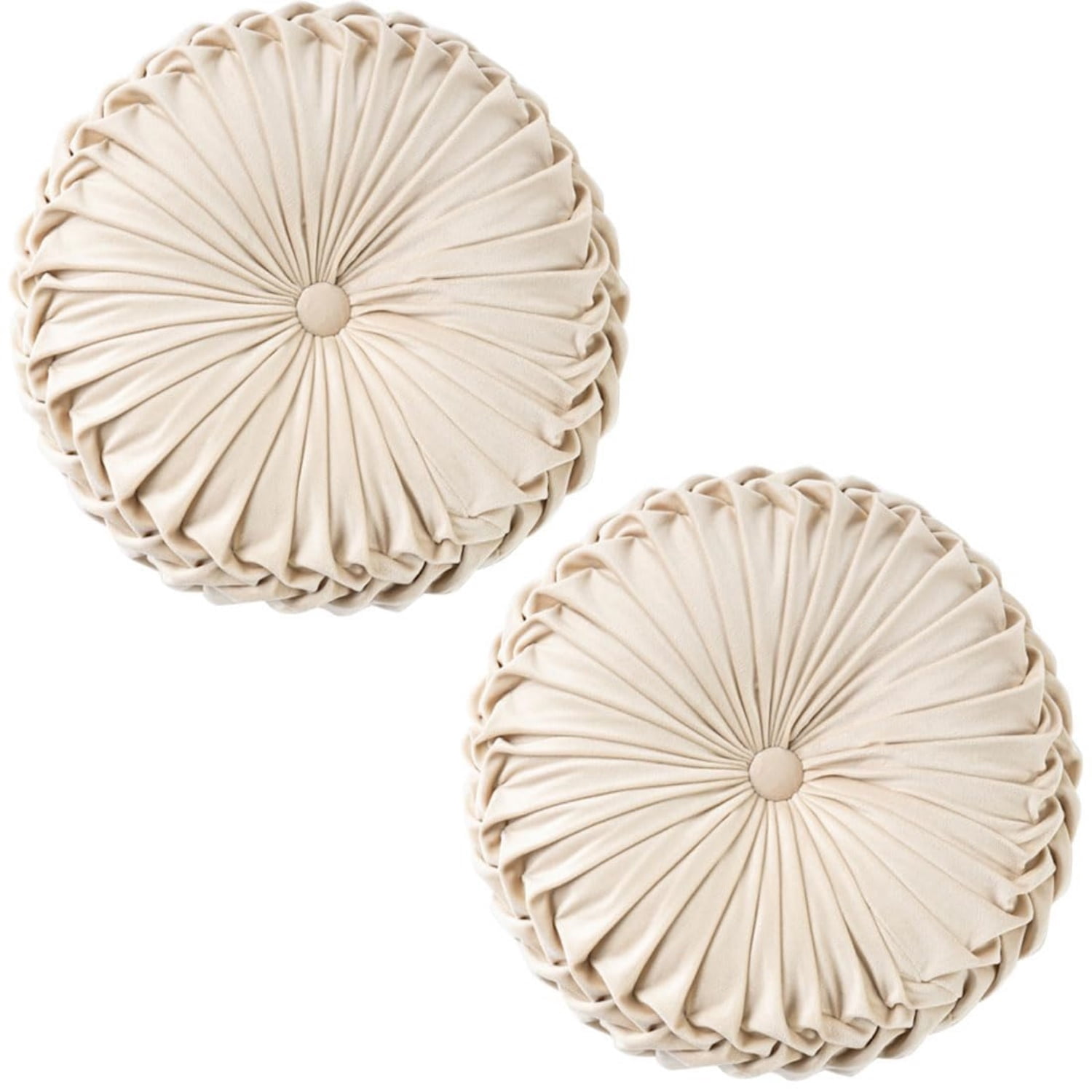 Set of 2 Pumpkin Pleated Round Throw Pillows, Soft Velvet, Beige, 14.5 ...