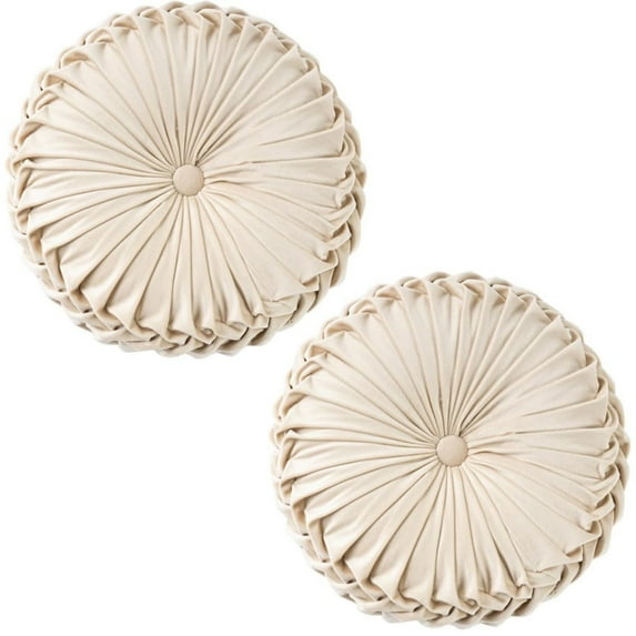 Set of 2 Pumpkin Pleated Round Throw Pillows, Soft Velvet, Beige, 14.5" Diameter