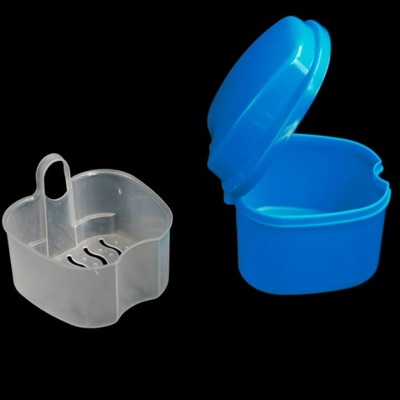 Under $2 Denture Bath Case, Hanging Denture Case with Storage Net - Portable & Odor-Free False Teeth Container, 9X9X7Cm, Retainer Case, Blue, by Goohae