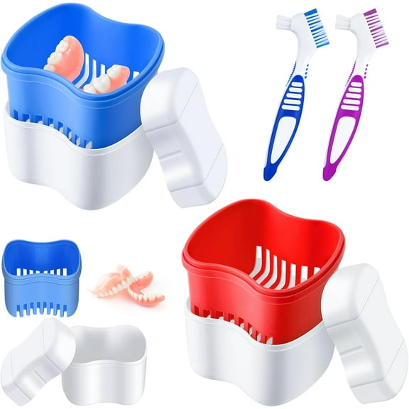 2 Denture Cases Denture Bath Cups with 2 Denture Cleaner Brushes Retainer Cleaner Case Dentures Container Travel Retainer Case Braces Pacifier Storage