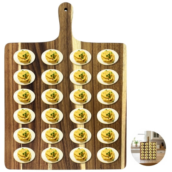 2 Deviled Egg Trays, 48 Hole Wood Platter, 16.5 x 12.2 in Reversible Charcuterie Board, Egg Holder with Handle for Kitchen Countertop, Easter, Party Hosting