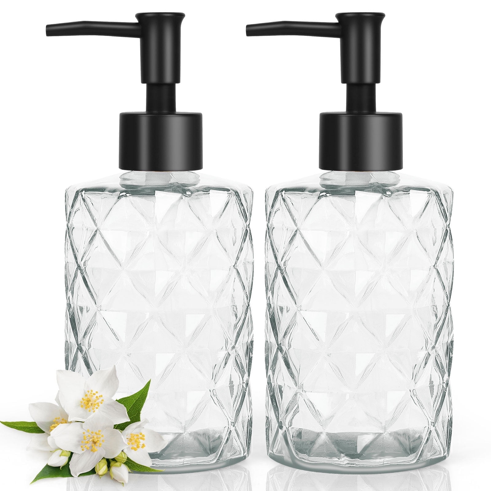 2 Diamond Design 330ml Transparent Glass Soap Dispenser Refillable Soap Dispenser Container with Black Pump for Bathroom Kitchen 330ml