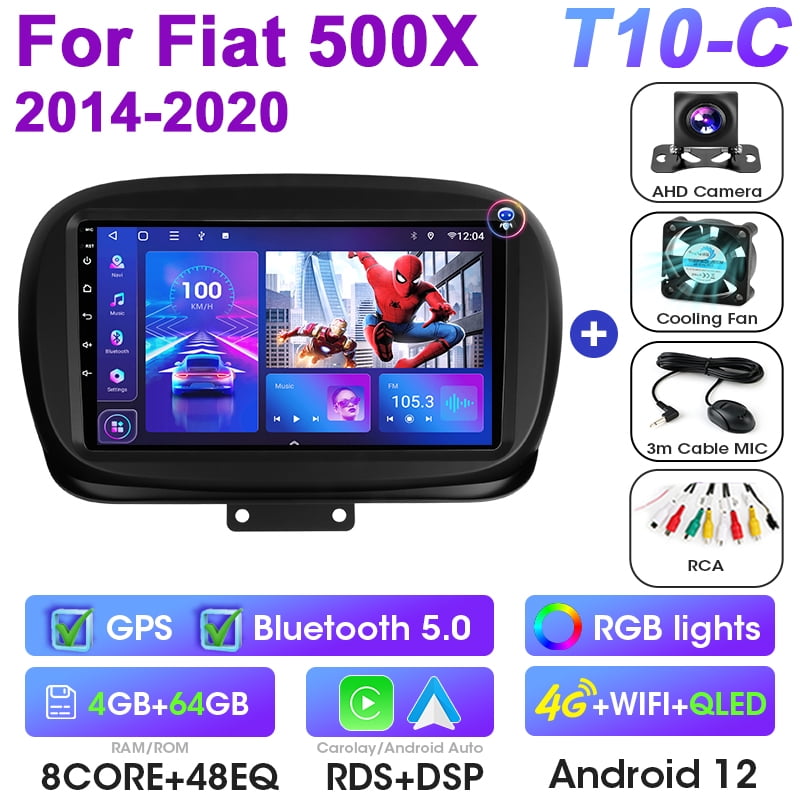 Autoradio Android Per Fiat 500X 2014-2020, 9 Pollici, 4+128GB, Wireless CarPlay, Android Auto, GPS, Retrocamera, Bluetooth 5.0