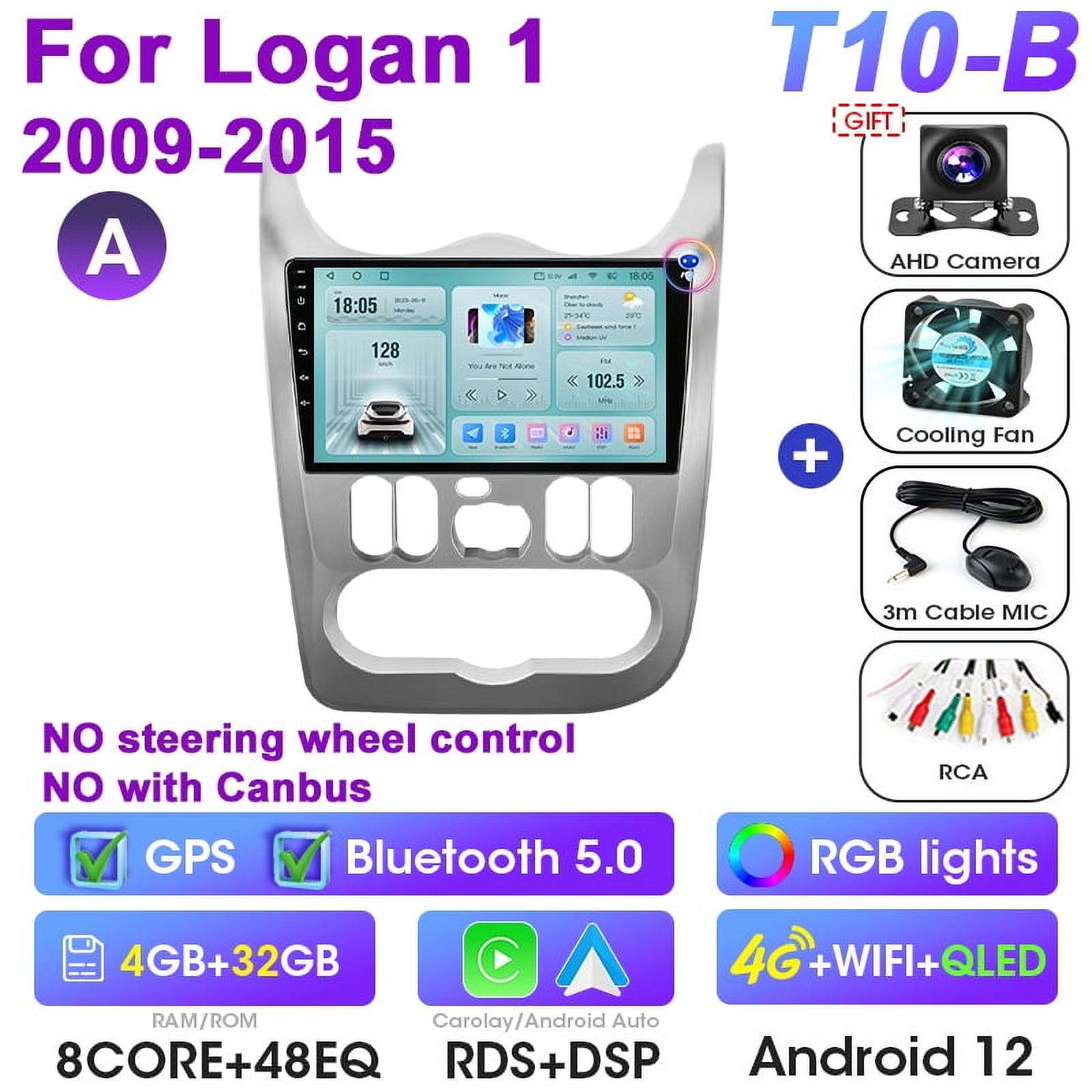 Roinvou 2 64G Autoradio Android pour Renault Logan 1 Sandero 2009-2015 Largus Dacia Duster avec CarPlay sans Fil Android Auto, 9 Pouces Écran Radio Wi-FI GPS Bluetooth EQ FM/RDS SWC Caméra de Recul