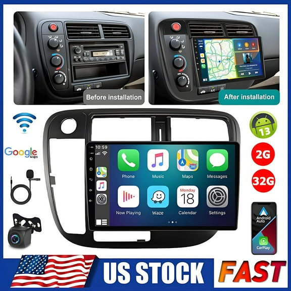 2 Din Car Stereo for Honda Civic 1996-2001 with Wireless Carplay Android Auto,9 Inch Android 13 Car Radio Tourchscreen Support GPS/Mirror Link/SWC/FM&RDS+AHD Backup