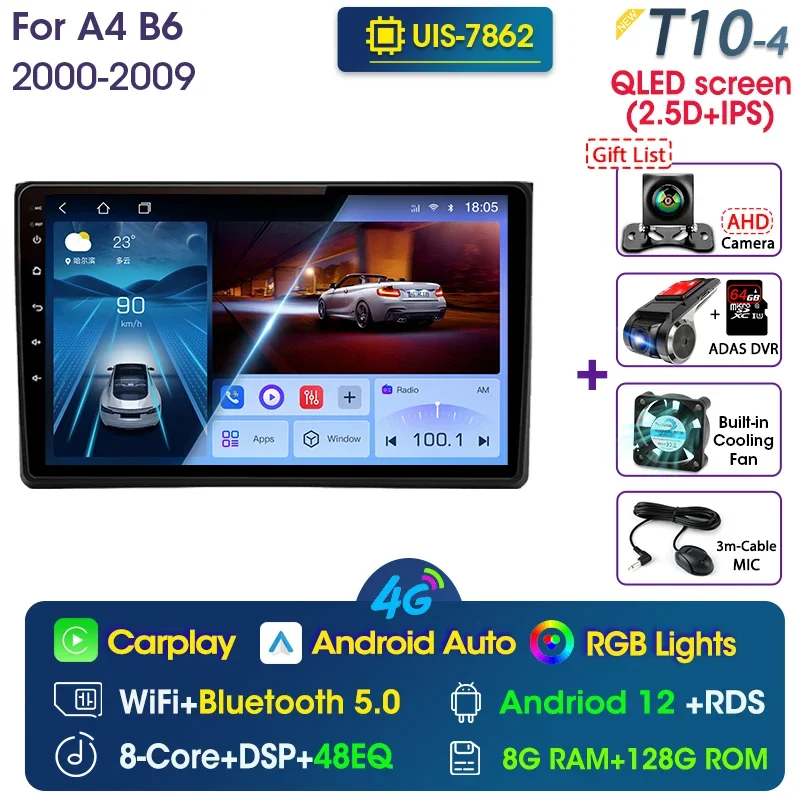 2 Din Wireless Carplay Auto Android 12 Car Radio For Audi A4 2000-2009 ...