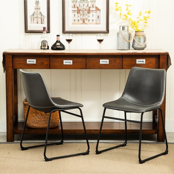 2 Dining Chair In Antique Grey, Vintage Pu Leather Upholstery, Handmade Metal, 18.5"w X 22.25"d 31.5"h, Comfortable And Stylish Seating Of 2 Chairs, Metal Construction, Strong Plastic Molded Seats