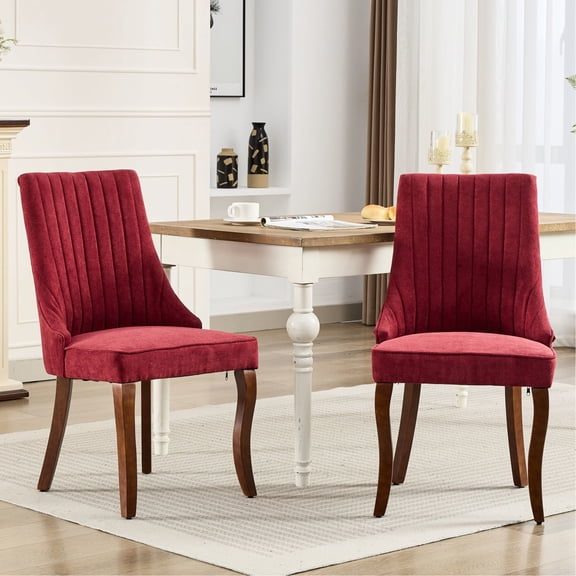2 Dining Chair , Rayon Cloth Linen Upholstery, Curved Solid Wood Legs, Comfortable Seat, Wine Red Chairs, 2, High Rebound Foam, Accent