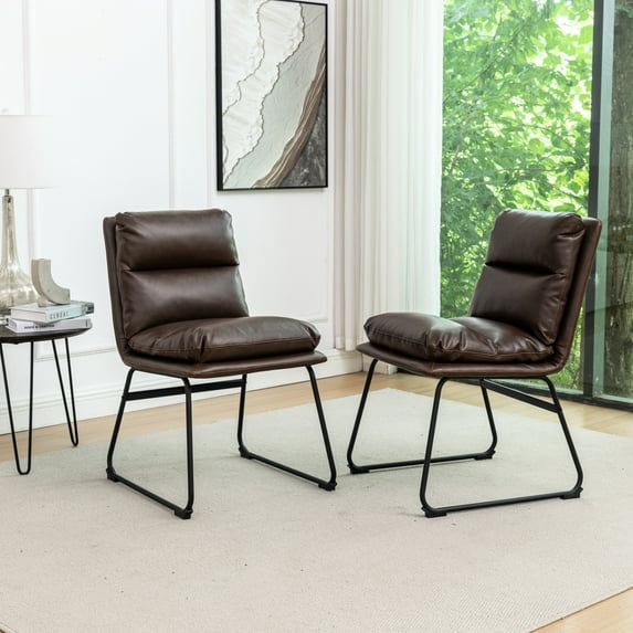 2 Dining Chairs, Antique Brown. Sled Base For Stability. Cozy Overfilled Seat. Faux Leather Upholstery. Metal Build. Wipe Clean. Square Casual Chair Room Contemporary Upholstered Of 2, Secure