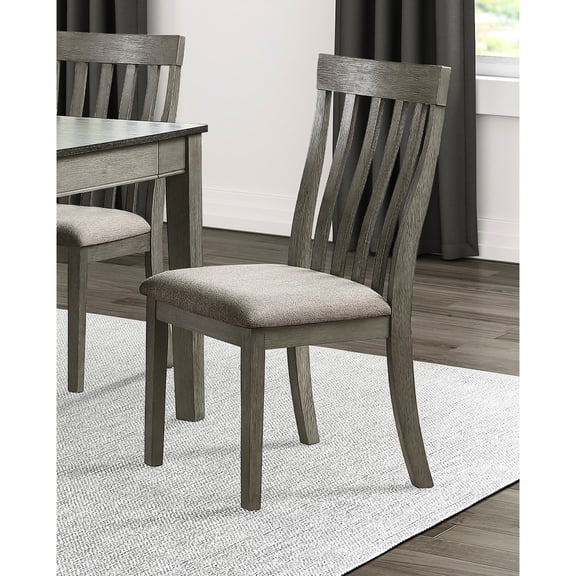 2 Dining Room Side Chairs , Gray Wire Brushed , Wooden Framed Chair, Vertical Slat Back, Fabric Upholstered Relaxing Chair Brushed, Wood Frame With Seat