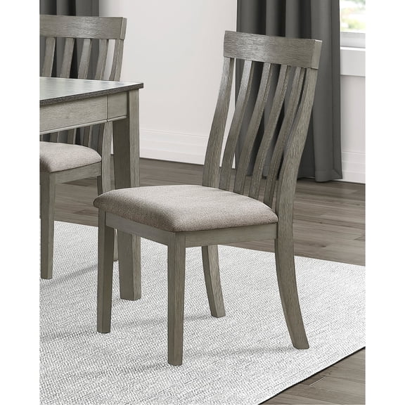 2 Of Dining Room Side Chairs, Wire-brushed Gray, Wooden Framed Chair With Vertical Slat Back, Gray Fabric Upholstered Intriguing 2pc Wire Brushed Finish, Sitting