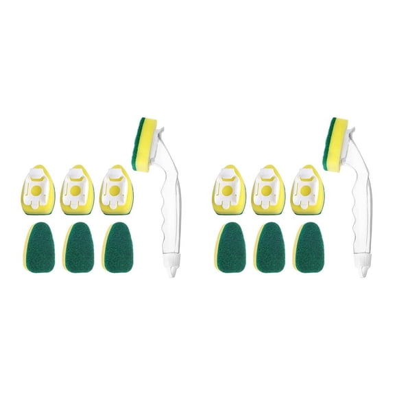 2 Dish Wand 14 Refill Replacement Sponge Heads, Wand Clean Scrub Sponges for Kitchen, Sink, Bathroom, Utensils,2 x kitchen brush 14 x replacement brush heads,Green & Yellow