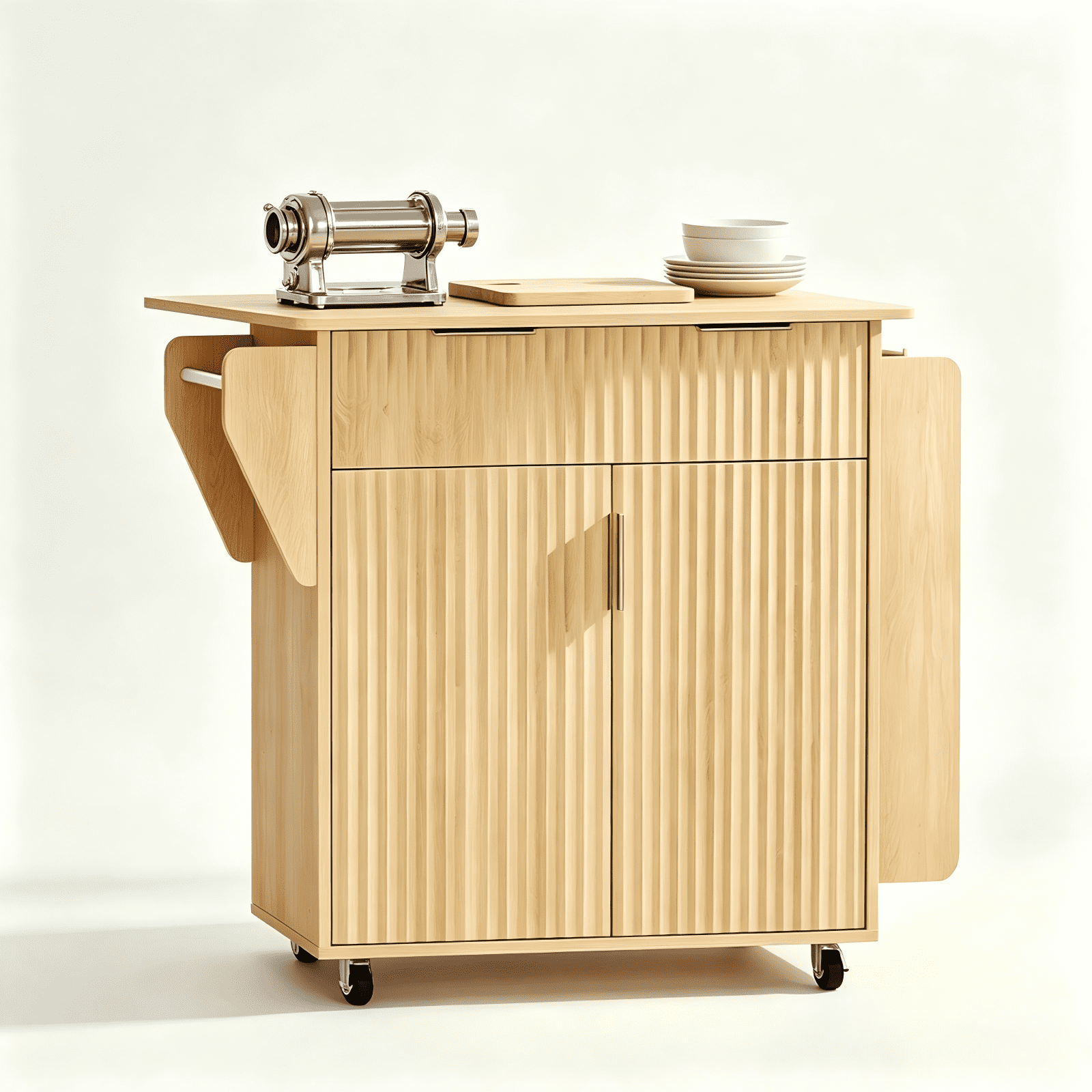 2-Door 1-Drawer Grille Food Cart Gold-Plated Aluminum Alloy Door Handles Vacuum-Formed Door Panels Rubberwood Countertop MDF Sideboard, 31.5*26.69*35.04in Oak