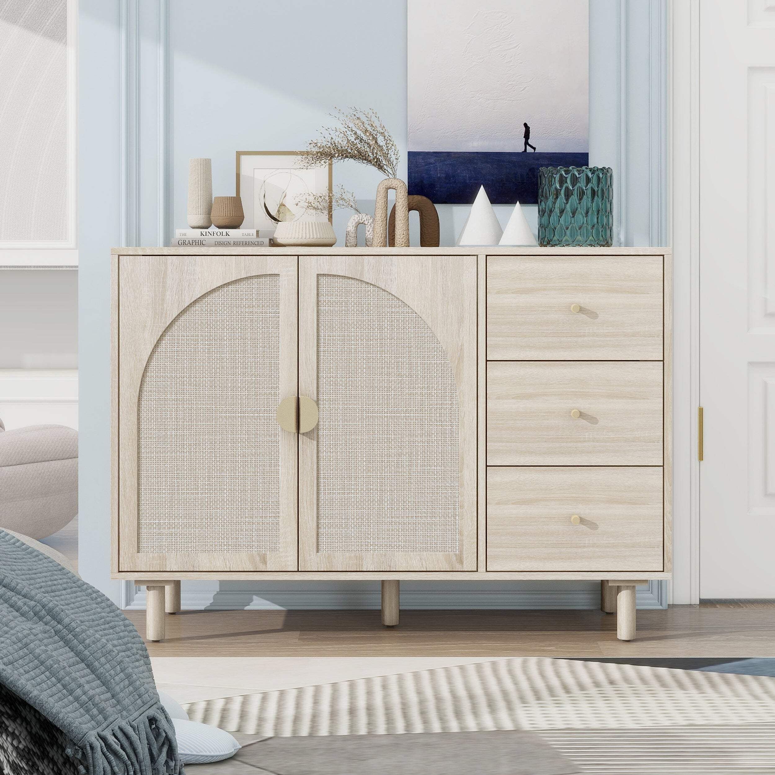Natural MDF Cabinet with Engineered Rattan and Pine Legs
