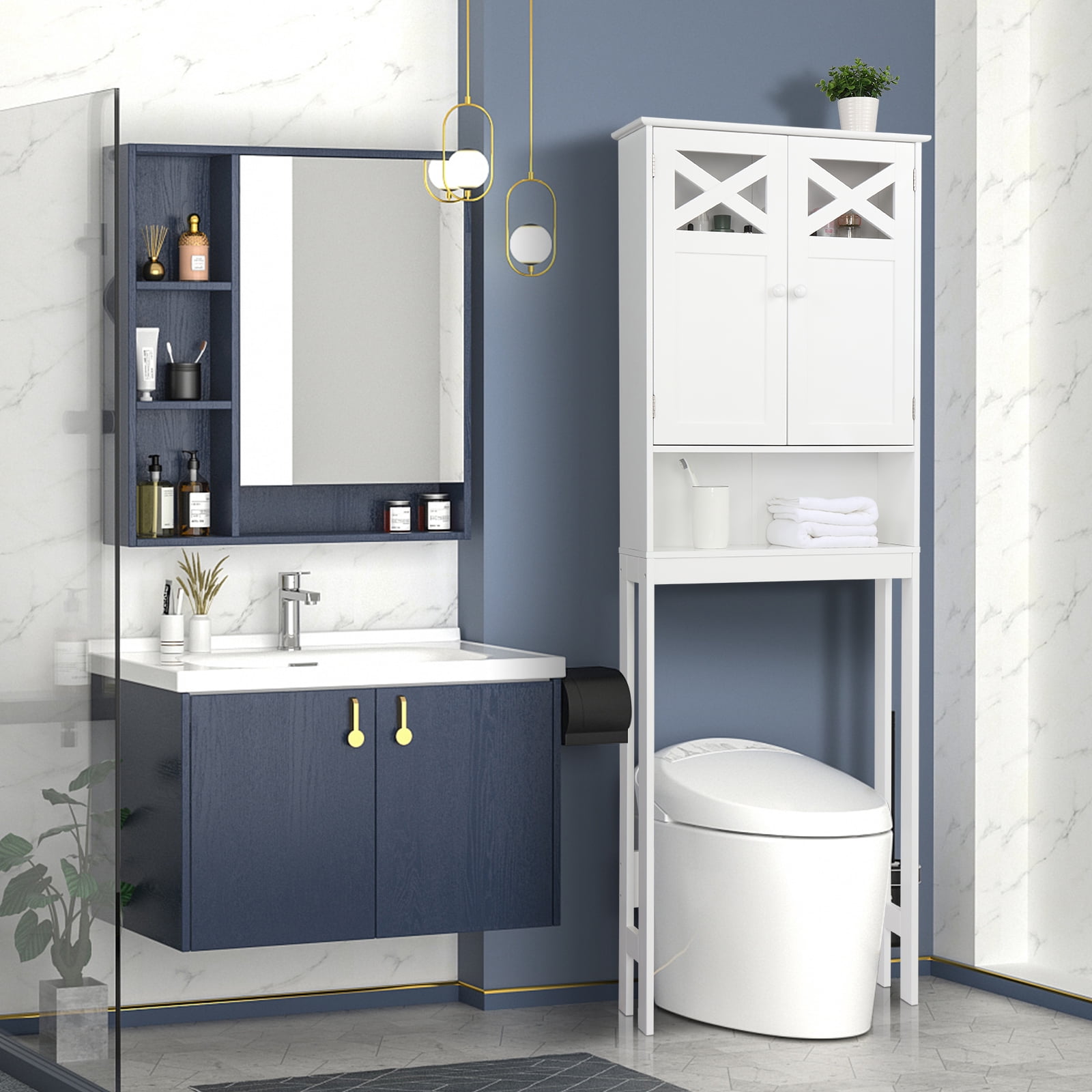 2-Door 3-Shelf Bathroom Toilet Cabinet, White, 23.63 x 7.88 x 68.19 in