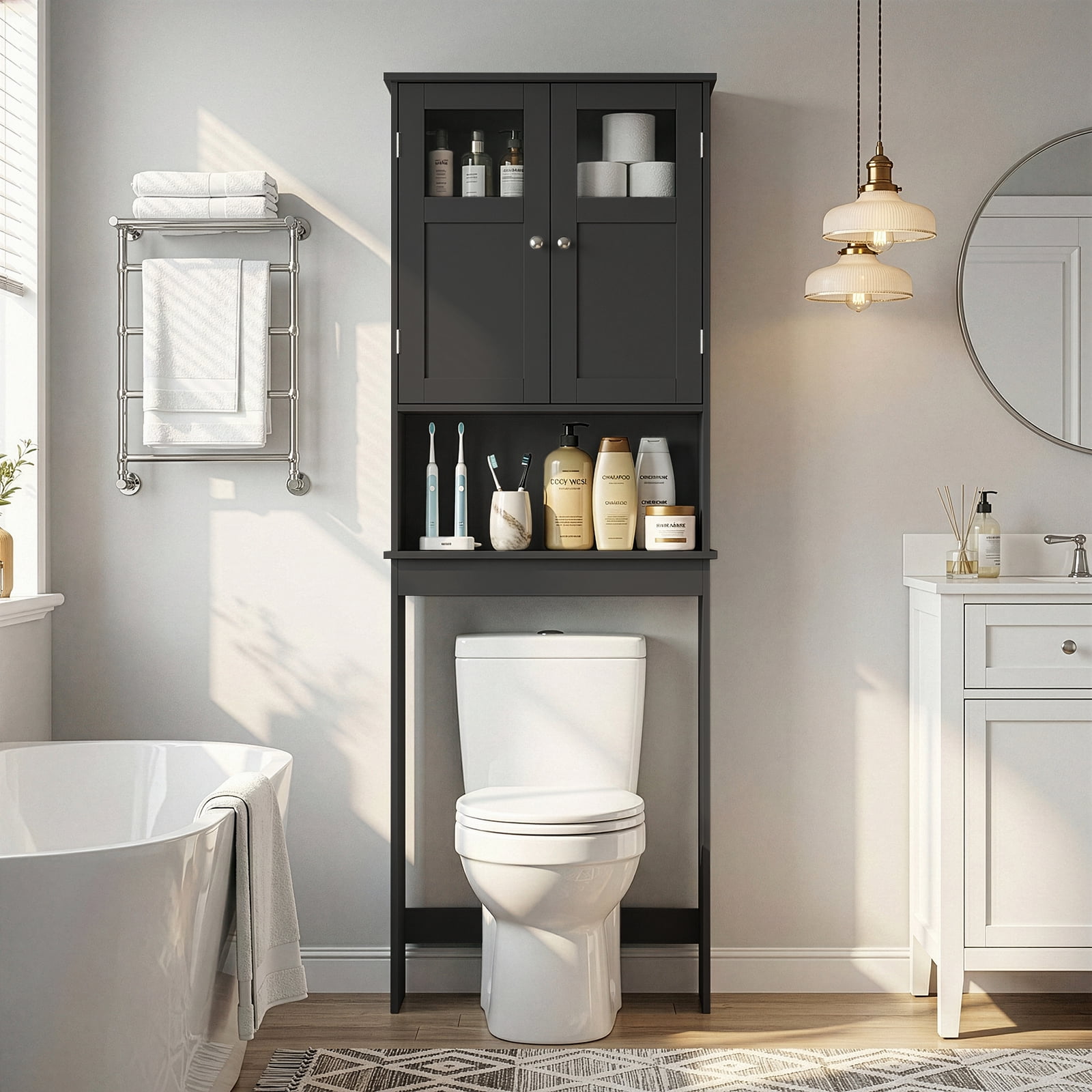 2-Door 3-Tier Toilet Cabinet MDF Melamine-Faced Bathroom Vanity, Black 23.23*8.66*66.93in