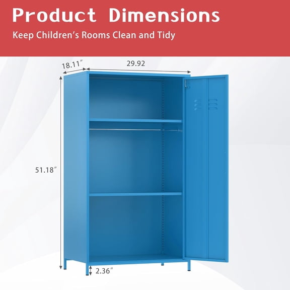 2 Door 51.3" Metal Locker Storage Cabinet Steel Kids Wardrobe Changing Room Locker Cabinet Box with 2 Adjustable Shelves Steel Locker File Cabinet Organizer for School Gym Home Office$$Furniture