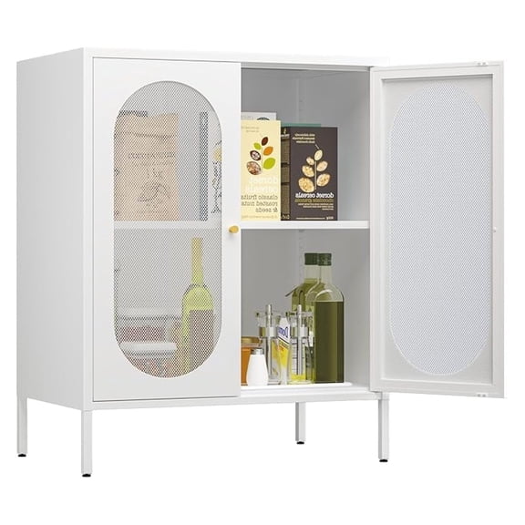 2 Door Accent Cabinet,Metal Storage Cabinet with Adjustable Shelf,Buffet Sideboard for Bed Room,Living Room,Entryway,Hallway,Home,Hotel,Office,Garage,Kitchen,1 Removable Shelf. (Mesh Door, White)
