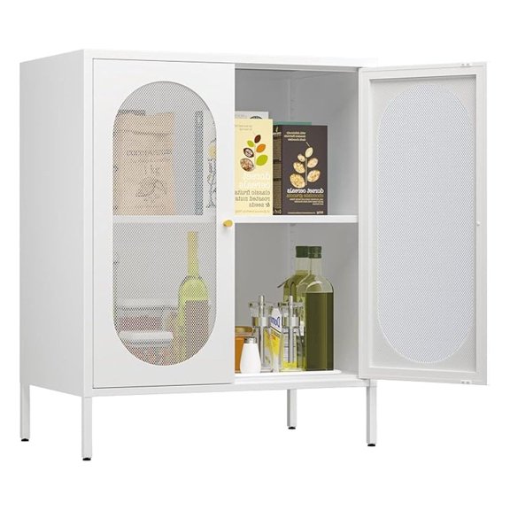 2 Door Accent Cabinet,Metal Storage Cabinet with Adjustable Shelf,Buffet Sideboard for Bed Room,Living Room,Entryway,Hallway,Home,Hotel,Office,Garage,Kitchen,1 Removable Shelf. (Mesh Door, White)