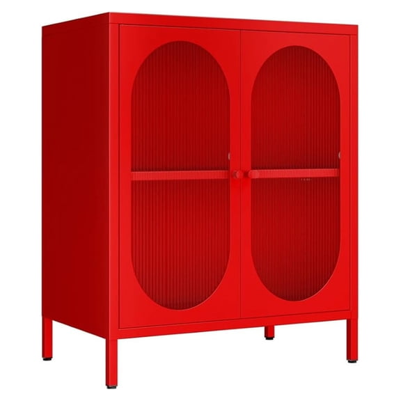 Small 2 Transparent Door Metal Storage Side Buffet Cabinet for Bed Room,Living Room,Entryway,Hallway,Home,Hotel,Office,Garage,Kitchen,1 Removable Shelf. (Transparent Door, Red)