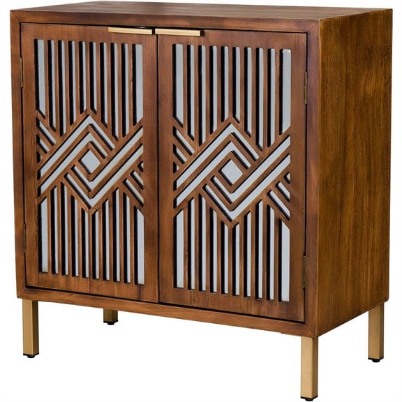 2 Door Accent Cabinet, Wood Sideboard Storage Furniture with Modern Geometric Mirror Front, Freestanding Home and Kitchen Cabinet, Brown/Silver