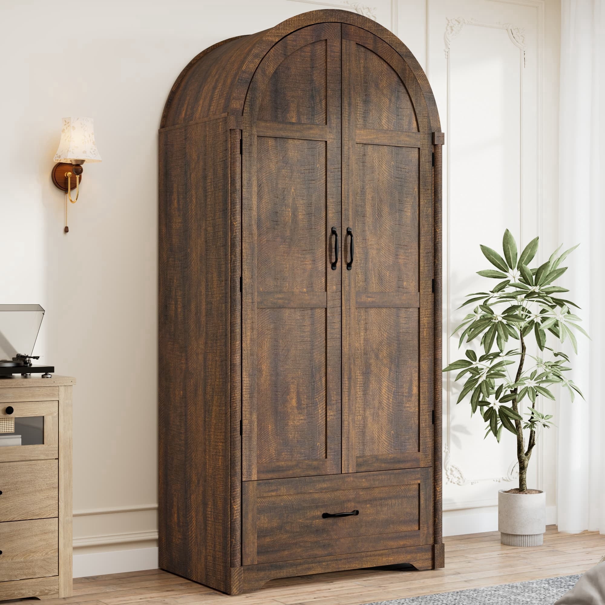 Arched Armoire Wardrobe with LED Sensor Light & Mirror, 2-Door Wardrobe Closet with Drawers, Rustic Farmhouse Bedroom Armoire Clothing Storage Cabinet with Hanging Rod