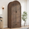thumbnail image 1 of Arched Armoire Wardrobe with LED Sensor Light & Mirror, 2-Door Wardrobe Closet with Drawers, Rustic Farmhouse Bedroom Armoire Clothing Storage Cabinet with Hanging Rod, 1 of 9