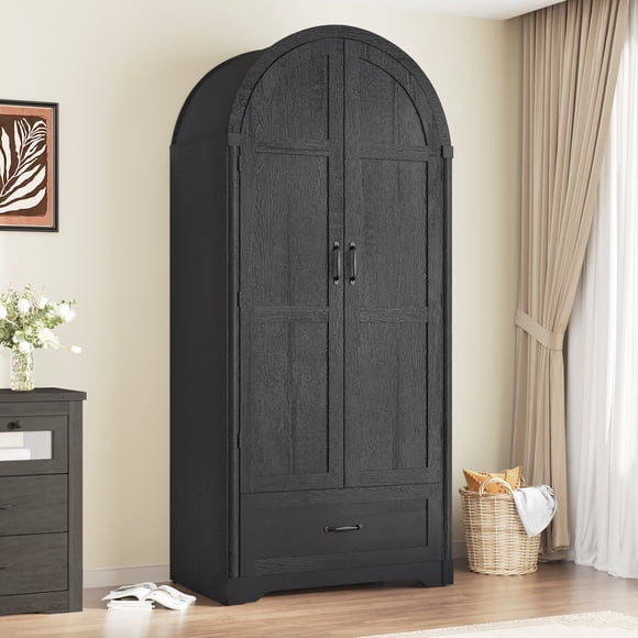 Arched Wardrobe Closet with LED Sensor Light & Hidden Mirror, Farmhouse Bedroom Armoire with Drawer, 71" Freestanding Closet with Hanging Rod
