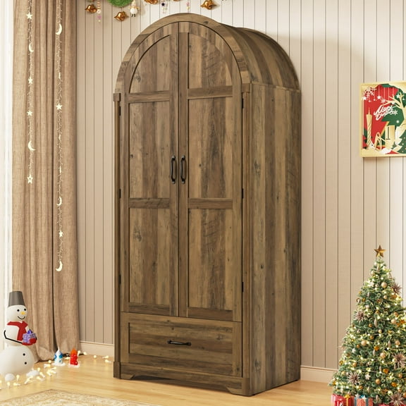 Arched Wardrobe Closet with LED Sensor Light & Hidden Mirror, Farmhouse Bedroom Armoire with Drawer, 71" Freestanding Closet with Hanging Rod
