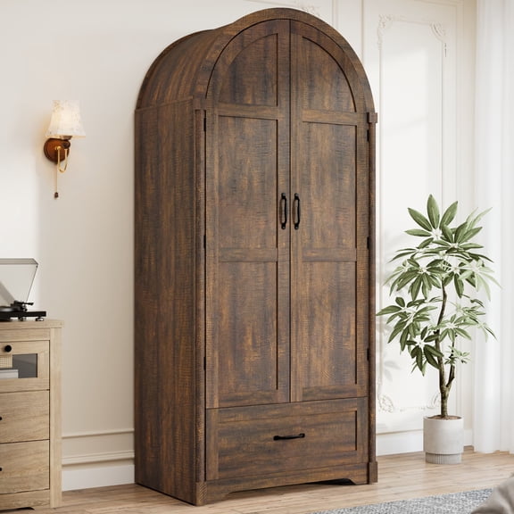 Arched 2-Door Armoire Wardrobe, 71" Wood Wardrobe Closet with Mirror & LED Sensor Light, Rustic Farmhouse Clothing Storage Cabinet with Drawers & Hanging Rod for Bedroom