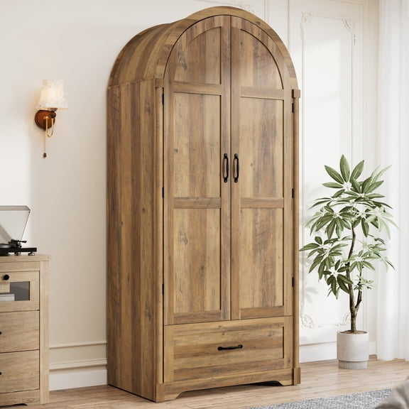 Arched 2-Door Armoire Wardrobe, 71" Wood Wardrobe Closet with Mirror & LED Sensor Light, Rustic Farmhouse Clothing Storage Cabinet with Drawers & Hanging Rod for Bedroom