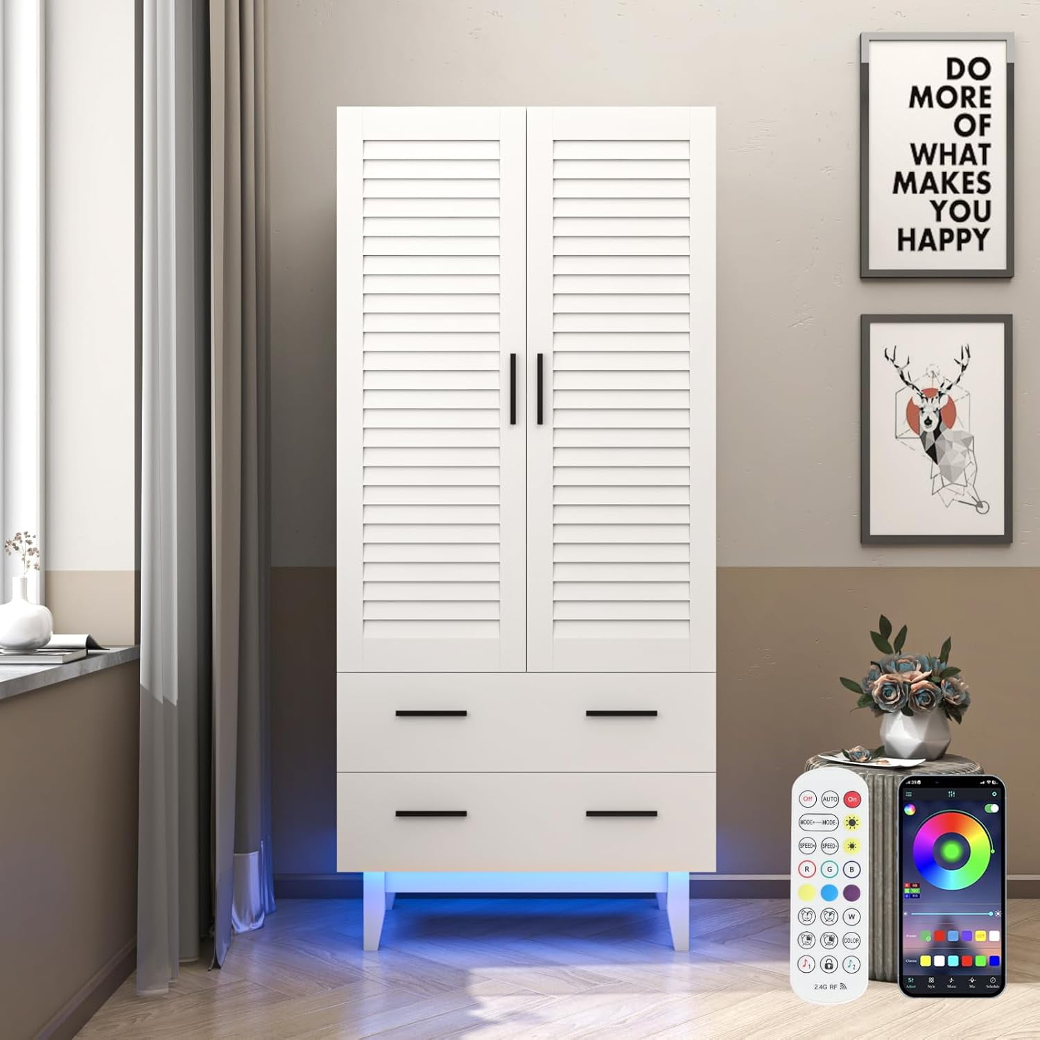 2 Door Armoire Wardrobe Closet with Drawers and LED Lights
