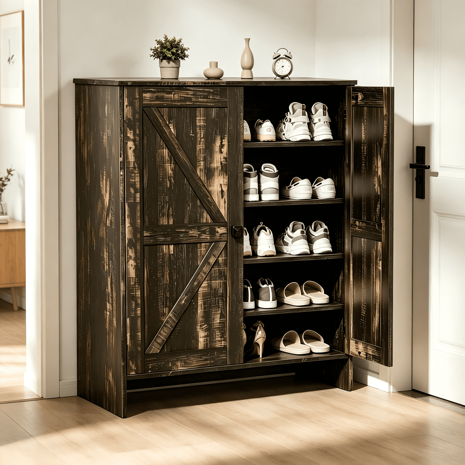 2-Door Barn Door Shoe Cabinet Black Square Shoe Cabinet with Single-Hole Handle, 31.61*14.21*36.42in, Black Oak